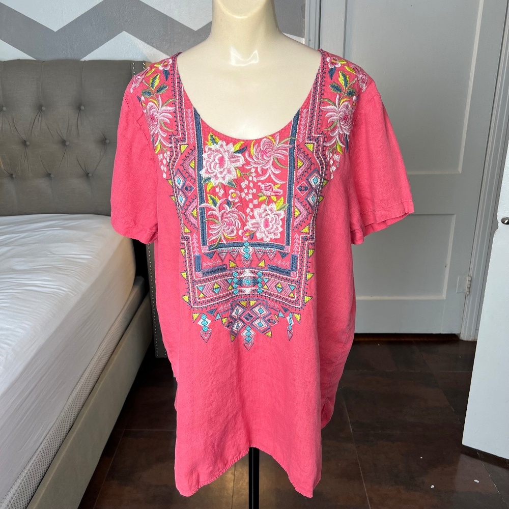 Johnny Was Short Sleeve Embroidered Linen Top, Coral